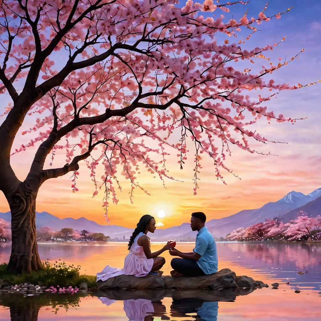 A warm, inviting scene depicting two diverse individuals joyfully engaging in conversation under a blooming cherry blossom tree, surrounded by soft pastel colors symbolizing love and connection. Include elements of heart-shaped floating lights to represent nurturing passion and strong bonds. The background should be a serene sunset, adding a romantic ambiance. super-realistic. vibrant colors.