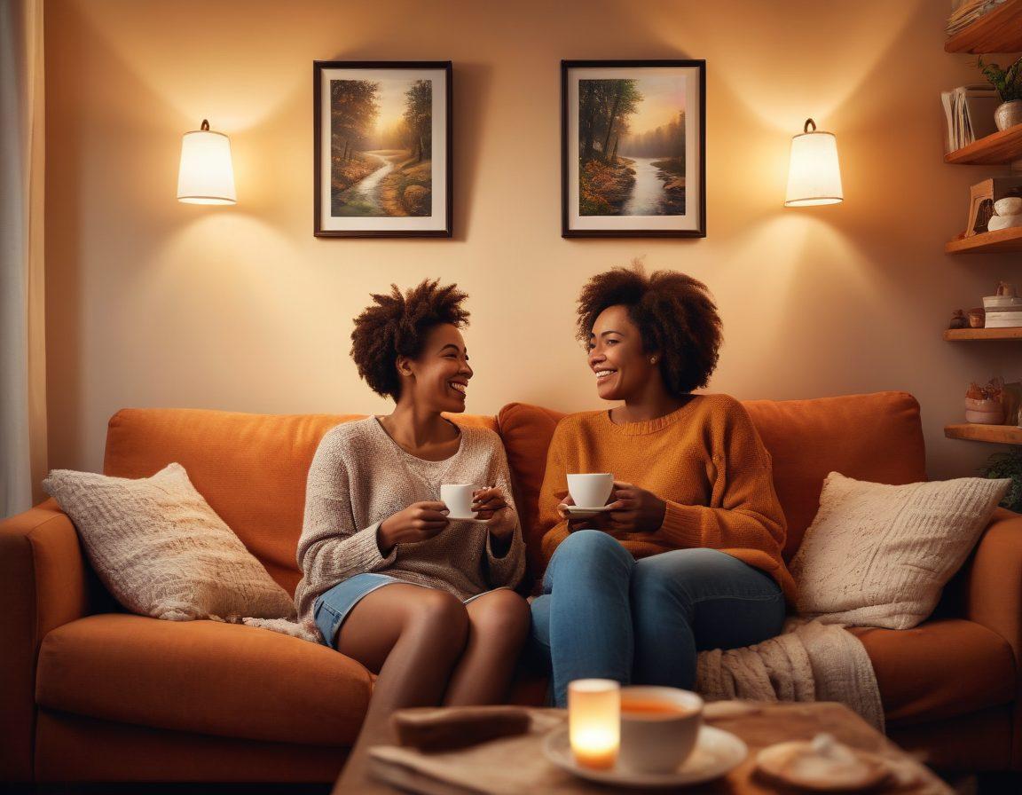 A heartwarming scene of two diverse individuals sitting together on a cozy couch, sharing a laugh with a cup of tea, surrounded by soft, warm lighting. Behind them, a wall filled with photos of their journey together, including moments of support and joy. The atmosphere radiates love and connection, with subtle hints of nature and love symbols around. vibrant colors. super-realistic.