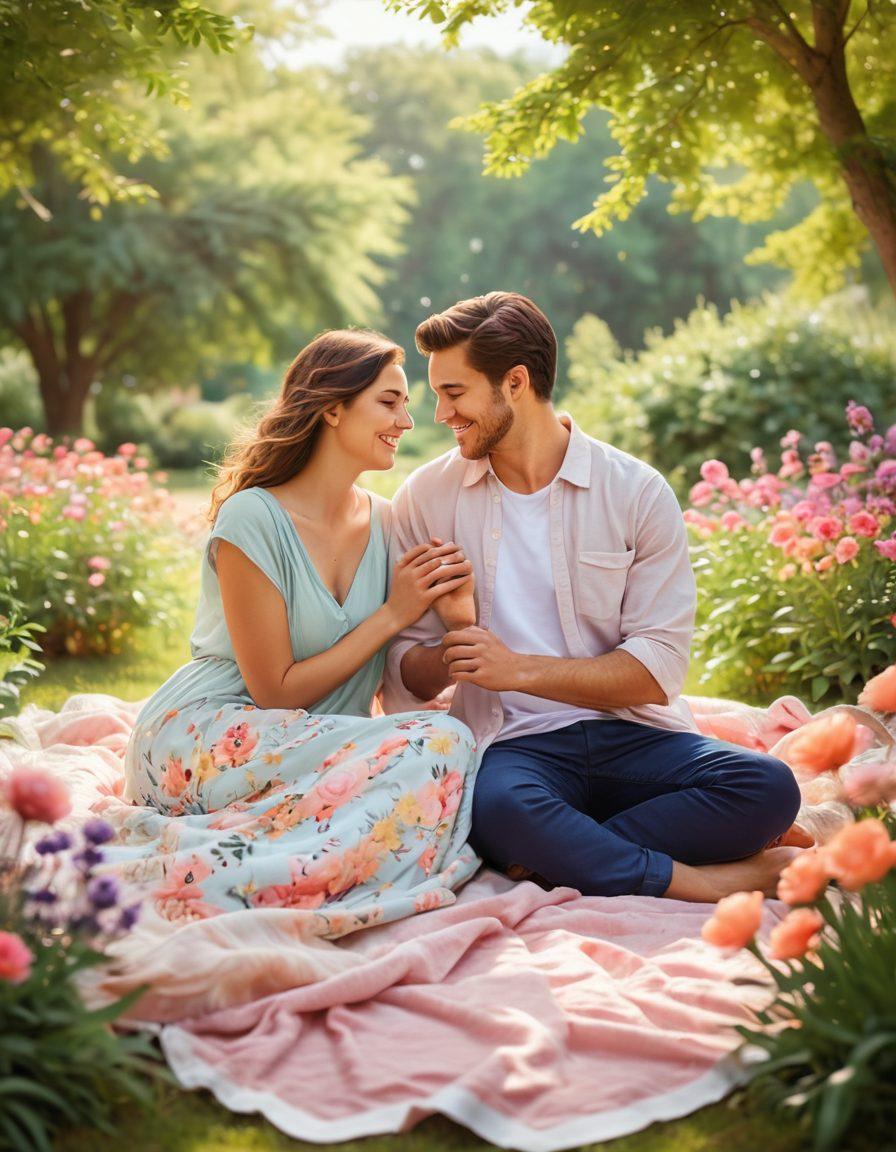 A warm, inviting scene of a couple sharing a picnic in a sunlit park, surrounded by colorful flowers, soft blankets, and lush greenery, capturing moments of laughter and intimacy. Incorporate elements of connection like holding hands and exchanging glances, with a soft bokeh background to enhance warmth and affection. A cozy vibe with pastel colors that evokes love and tranquility. digital painting. soft pastels. vibrant colors.